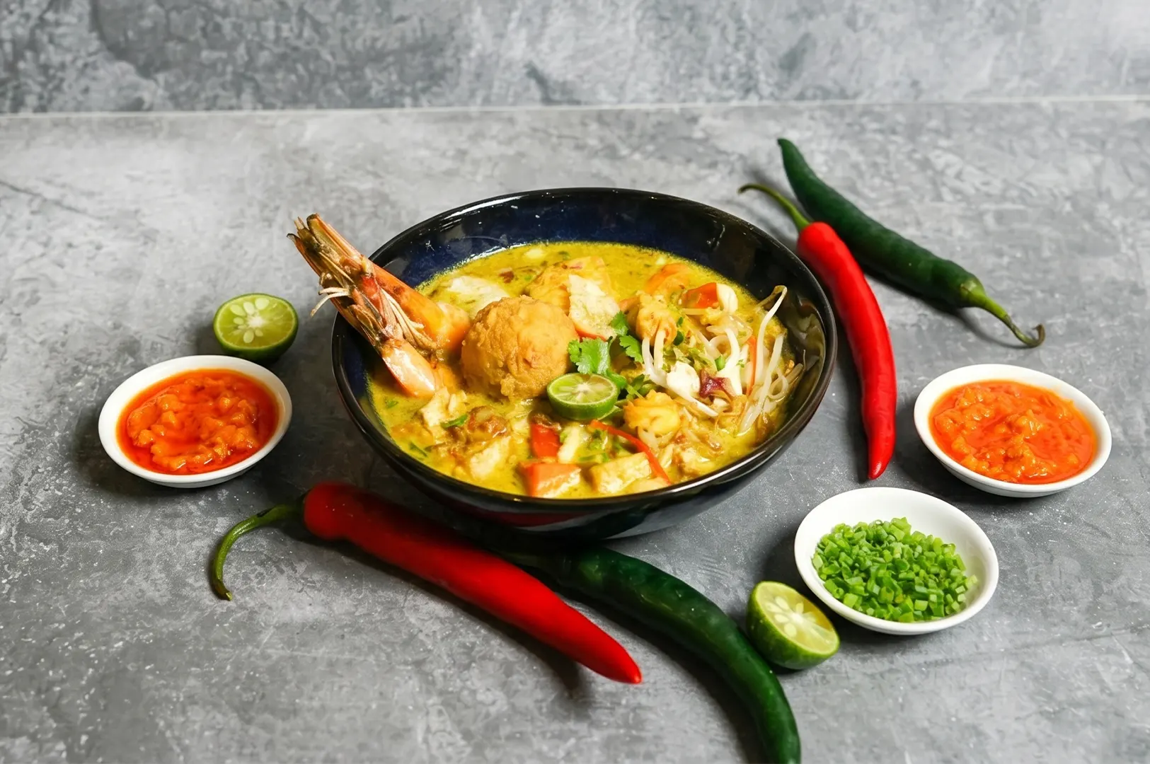 A bowl of authentic Singapore Laksa with large prawns, fish cakes, and bean sprouts in a rich coconut curry broth, served with sides of sambal chili and fresh lime.