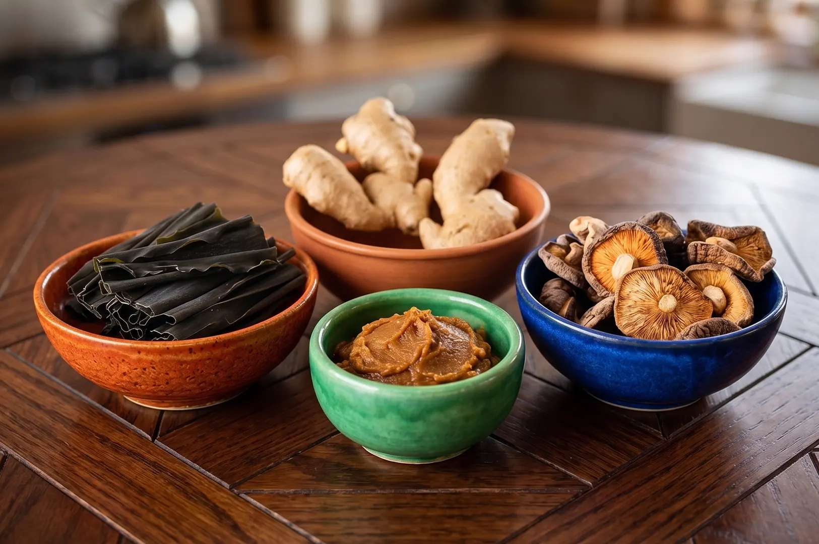 Bowls of miso paste, dried kombu seaweed, fresh ginger, and shiitake mushrooms on a wooden table.
