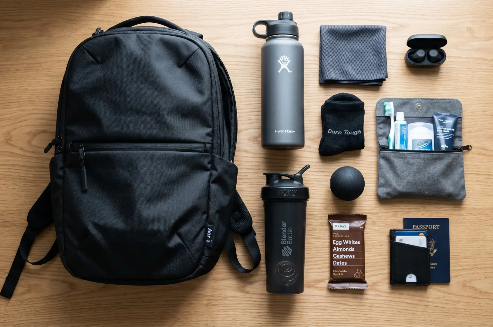 Flat lay of a black Aer backpack with travel essentials including a Hydro Flask, BlenderBottle, RXBAR, and passport on a wooden surface.