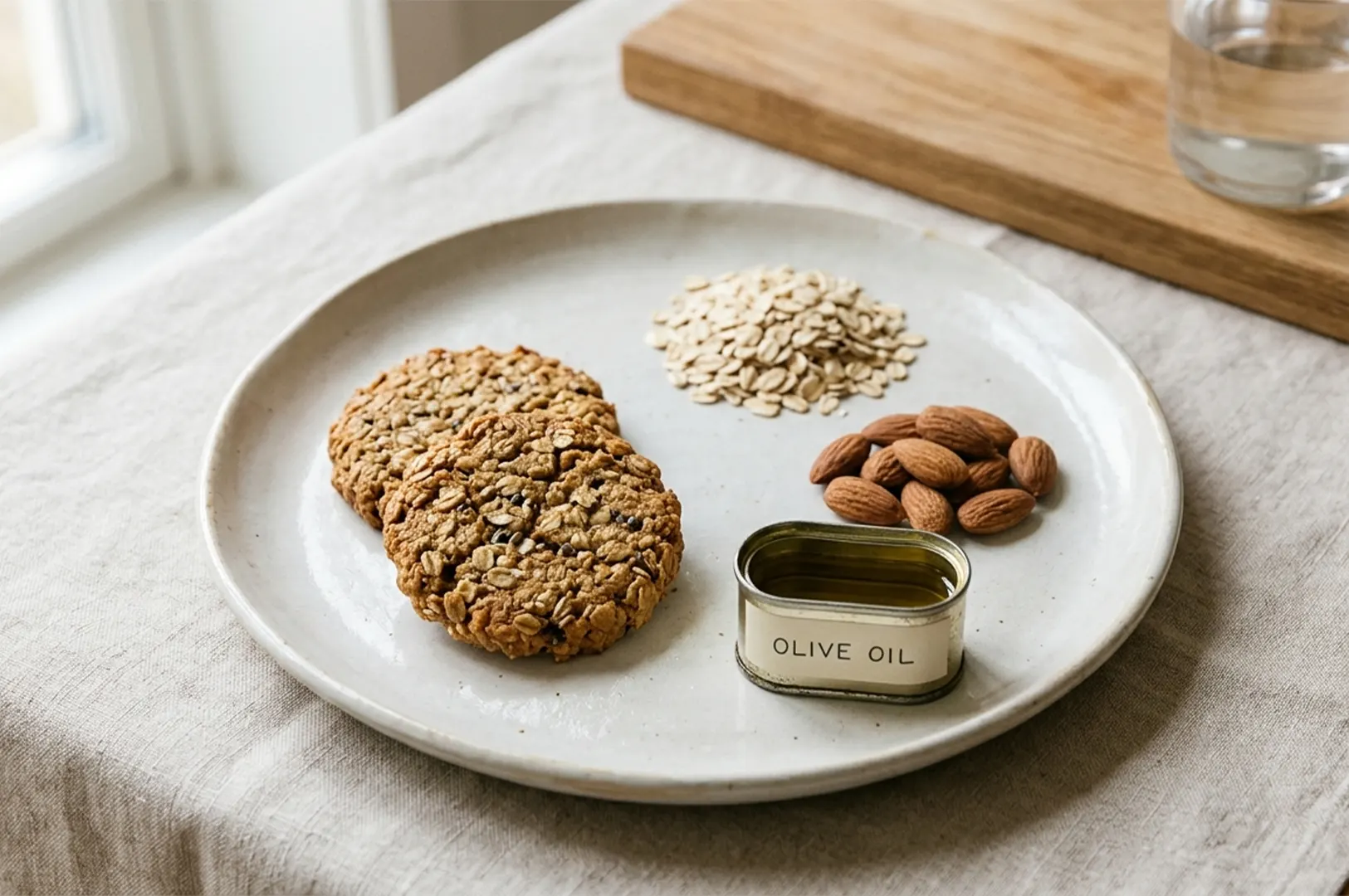 Two oatmeal chocolate chip cookies on a plate with raw oats, almonds, and a tin of olive oil, showing healthy baking ingredients.