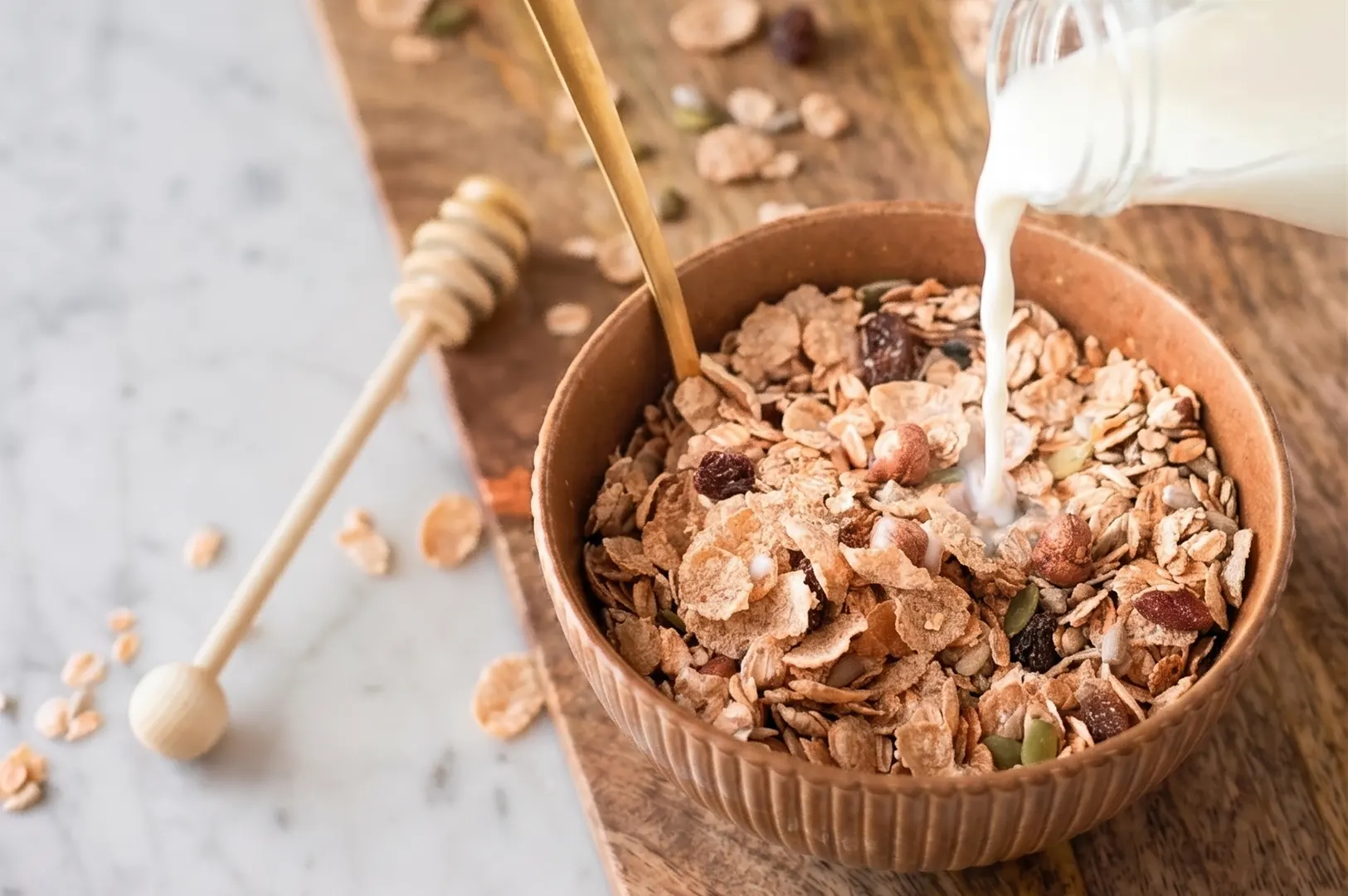 Milk being poured into a bowl of healthy granola cereal with nuts, seeds, and dried fruit, served with a wooden honey dipper for a nutritious breakfast.