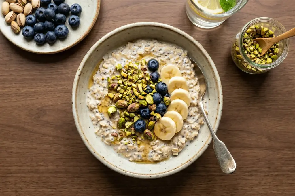 Top-down view of a ceramic bowl of oatmeal topped with sliced bananas, fresh blueberries, chopped pistachios, and honey on a wooden table.