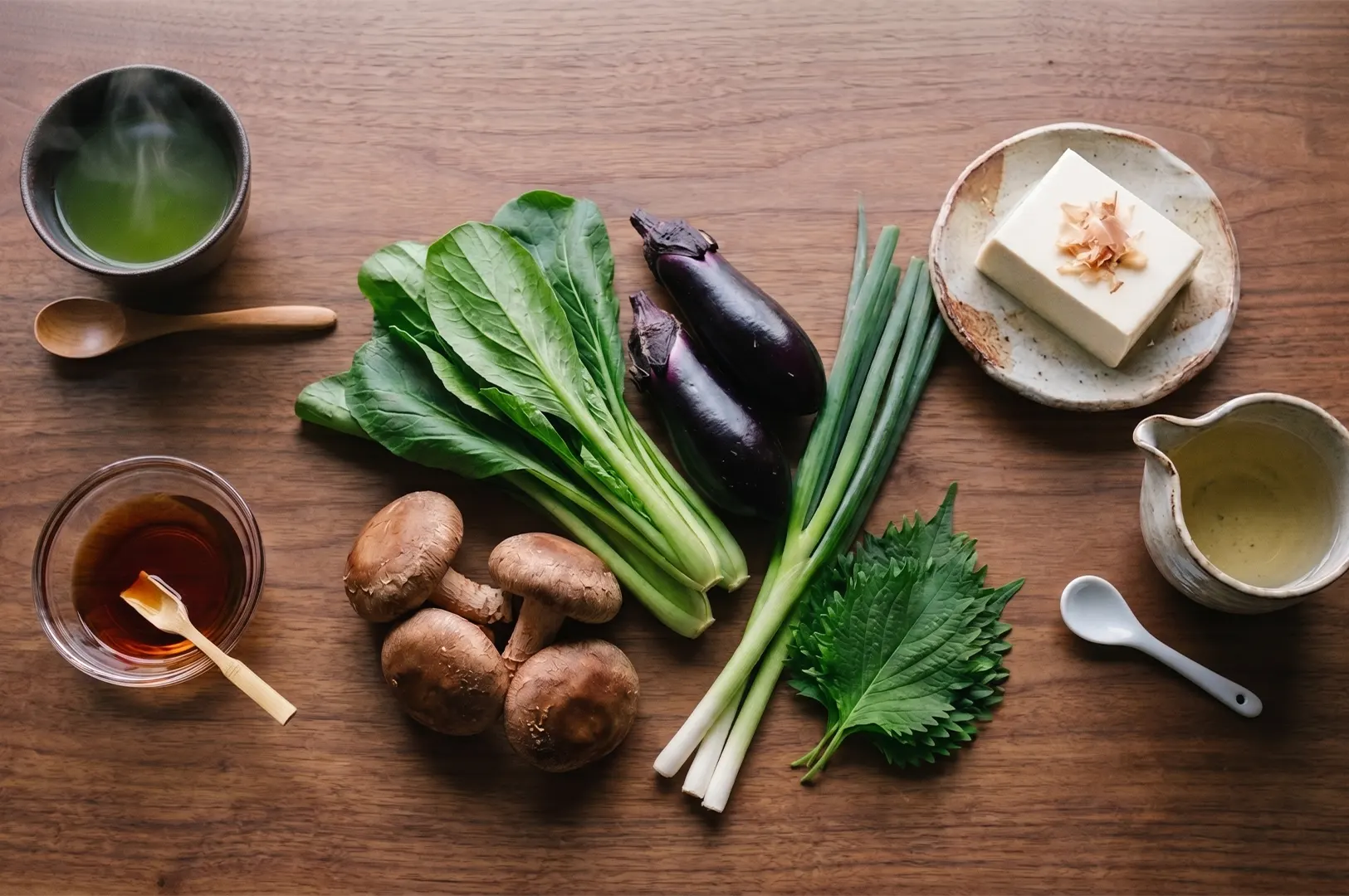 Fresh Japanese cooking ingredients including shiitake mushrooms, bok choy, eggplants, tofu, and green tea on a wooden table.
