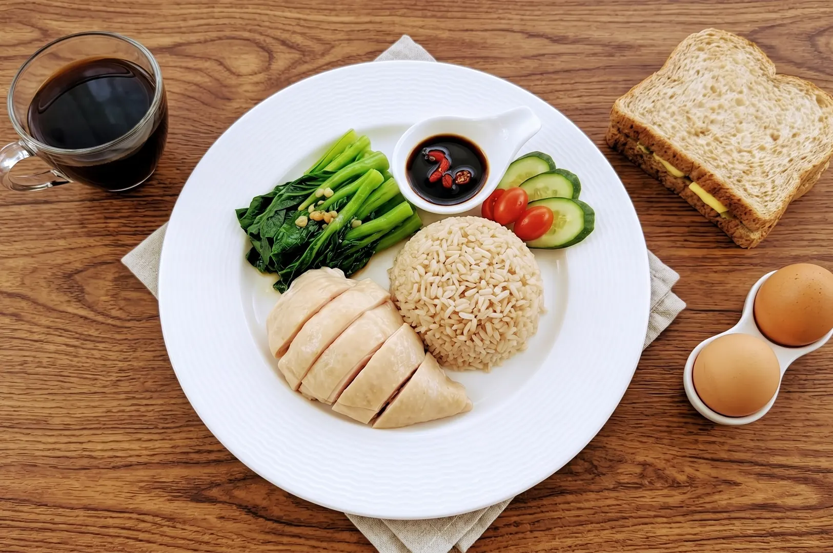 Poached Hainanese chicken rice served with bok choy, dark soy sauce, kaya toast, soft-boiled eggs, and black coffee on a wooden table.