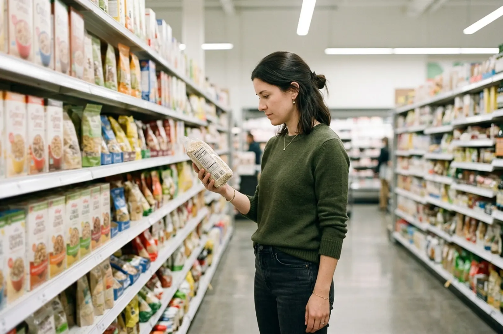 A woman in a green sweater reading a nutrition label on a package of oats in a grocery store cereal aisle.