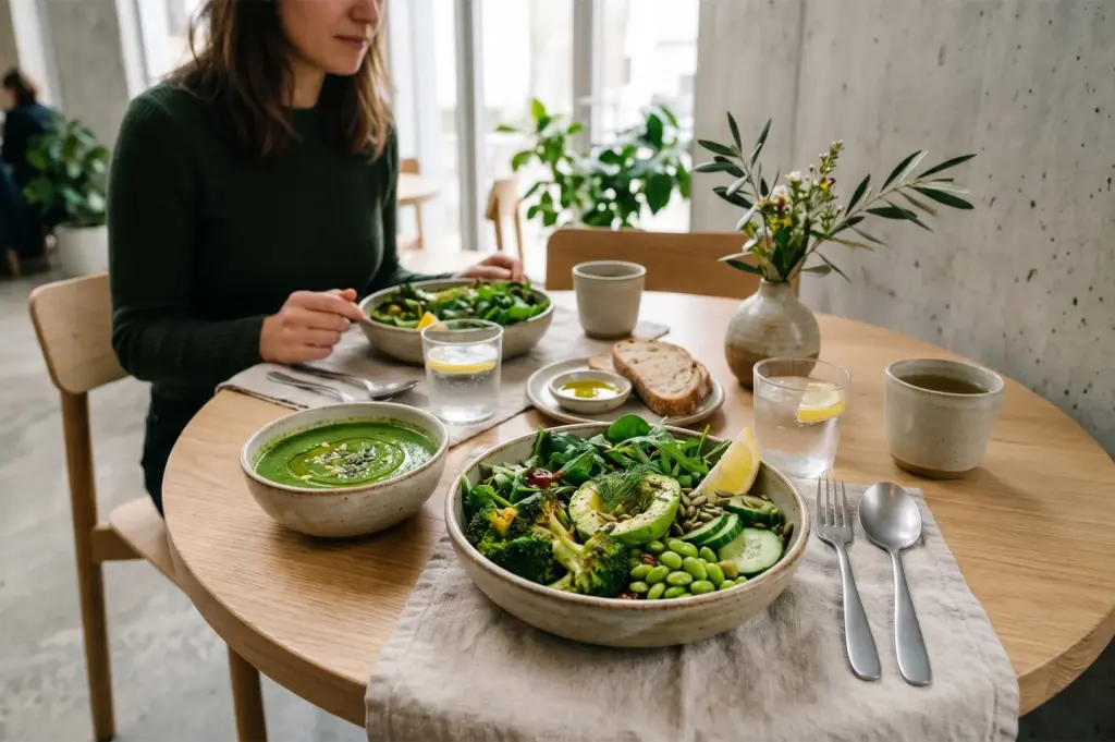 A woman sitting at a restaurant table eating a healthy green meal with avocado salad, broccoli, edamame, and a bowl of green soup.