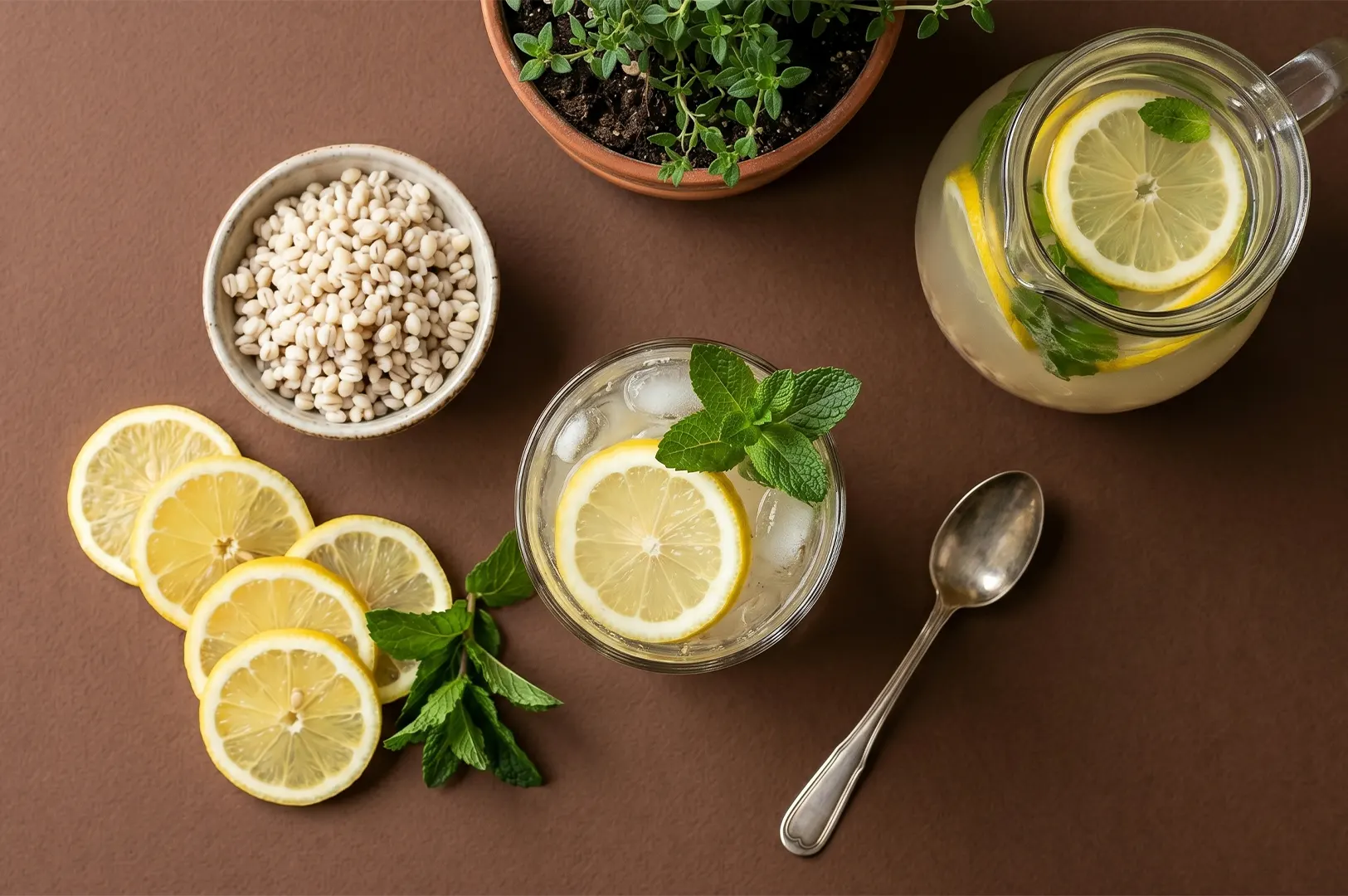 Flat lay of homemade barley water ingredients, including lemon slices, fresh mint, cooked barley, a glass, and a pitcher on a brown background.