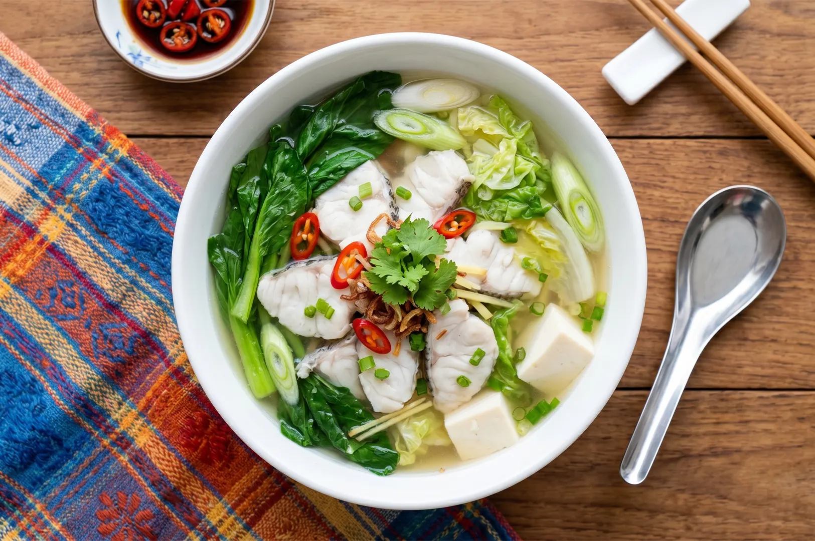 A top-down view of a healthy fish soup in a white bowl, featuring white fish fillets, tofu, bok choy, and chili peppers served on a wooden table with chopsticks and a spoon.