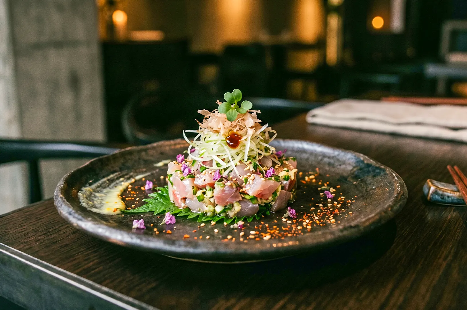 Fresh tuna tartare topped with shredded scallions, bonito flakes, and a microgreen sprout, served on a dark textured plate with a shiso leaf base.