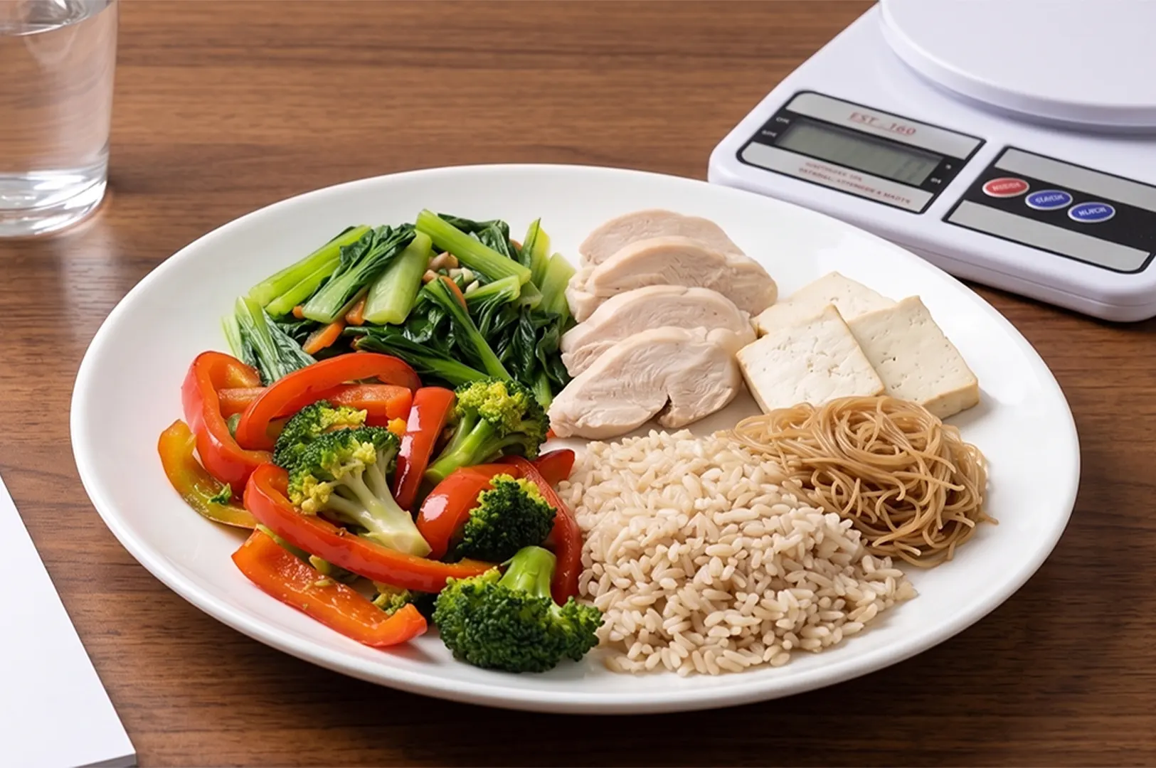 A healthy meal prep plate featuring sliced chicken breast, tofu, brown rice, whole wheat noodles, and a stir-fry of broccoli, red bell peppers, and bok choy next to a digital food scale.