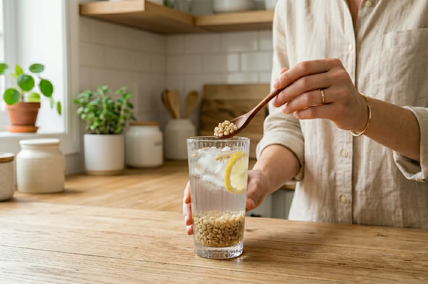 A person adding cooked grains to a glass of iced lemon barley water with a wooden spoon in a kitchen.