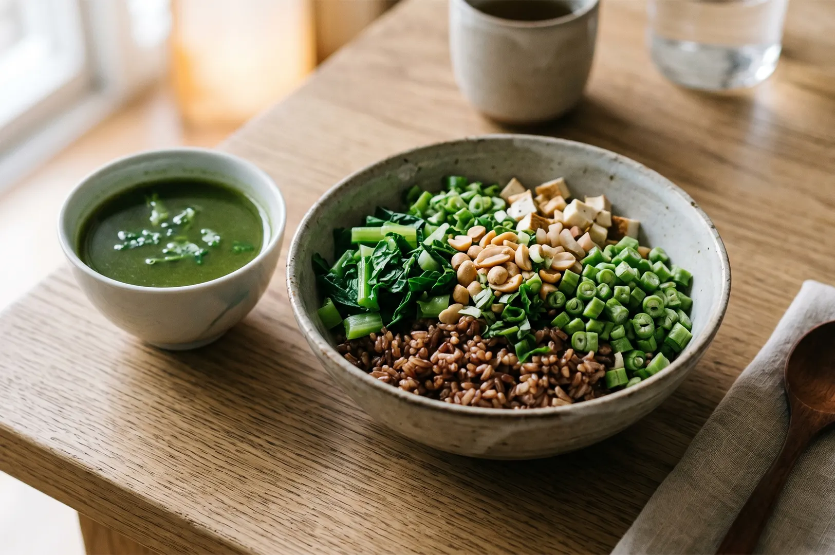 Healthy grain bowl with brown rice, bok choy, tofu, and peanuts served with a side of green matcha soup.