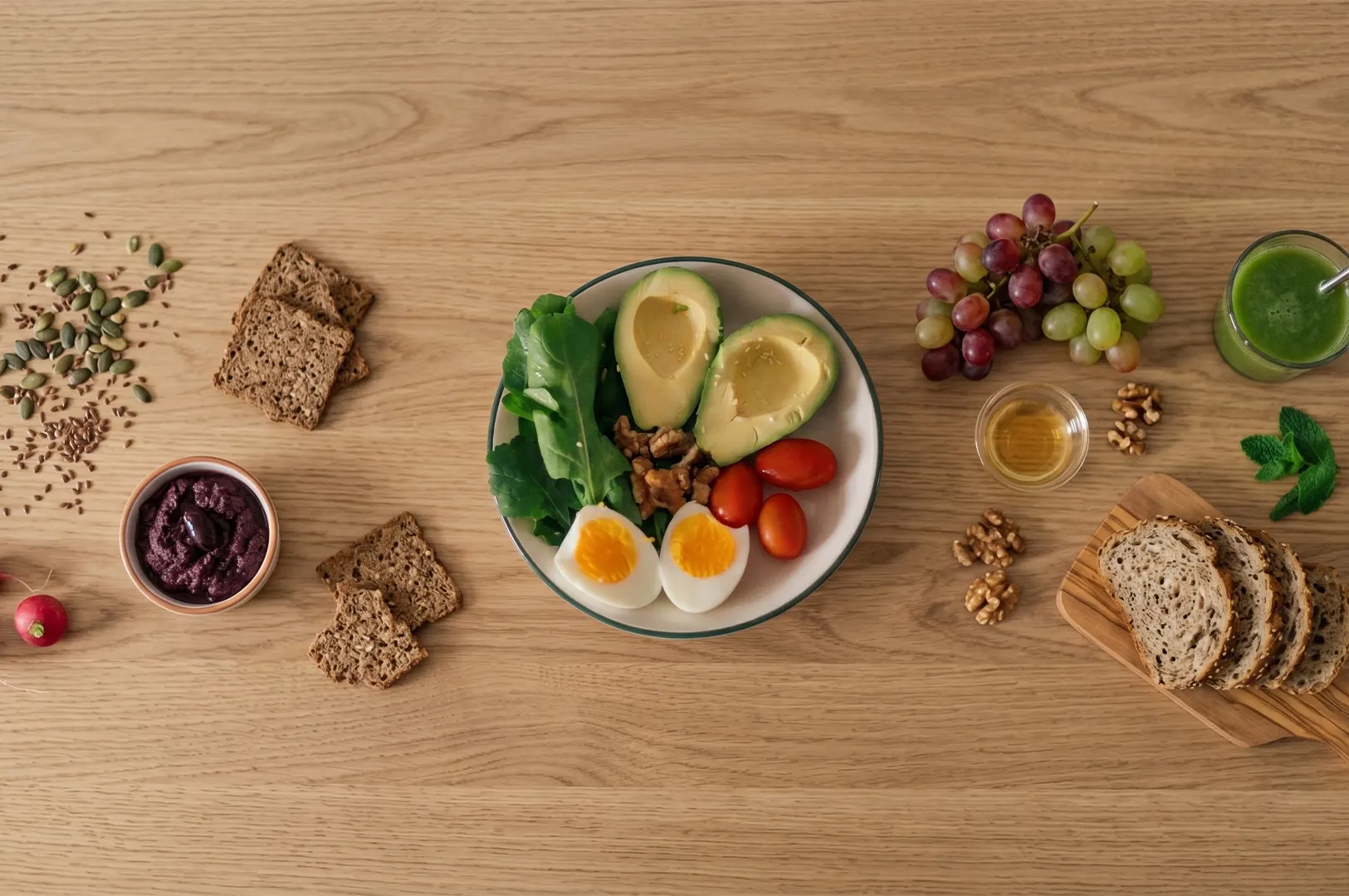 Healthy breakfast spread with a hard-boiled egg and avocado salad bowl, whole grain bread, grapes, and a green smoothie on a wooden table.