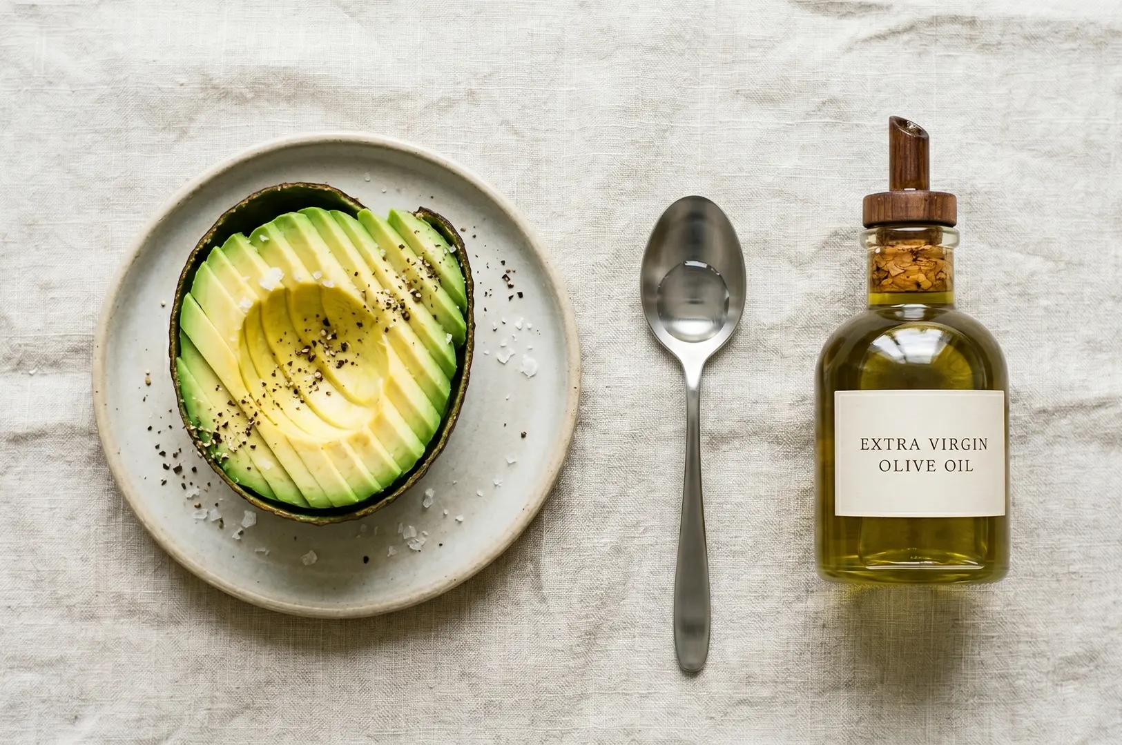 Sliced avocado seasoned with salt and pepper on a plate, served with a bottle of extra virgin olive oil and a spoon.