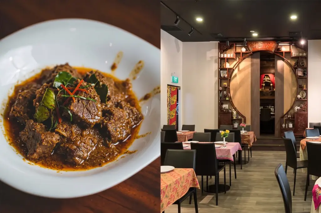 Beef Rendang dish next to the nostalgic dining room interior of Simply Peranakan Cuisine restaurant featuring a wooden moon gate arch.