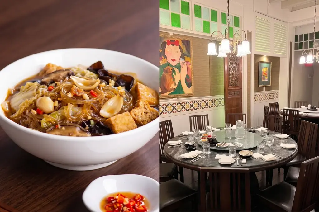 Chap Chye vegetable dish next to the dining room interior of The Blue Ginger restaurant.