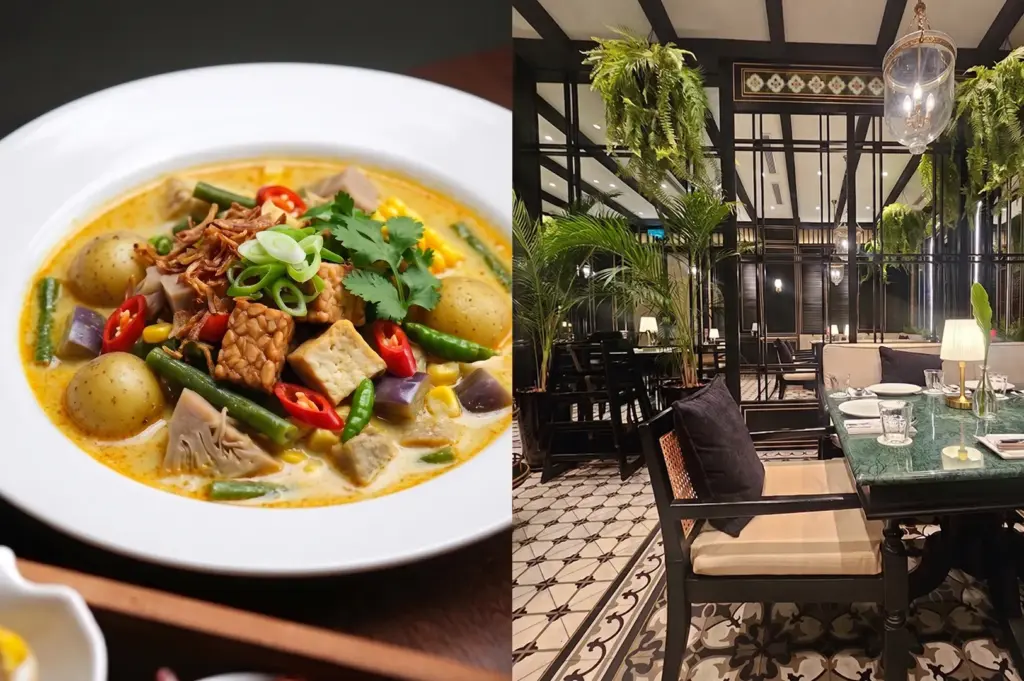 Sayur Lodeh vegetable curry dish next to the upscale dining room interior of Violet Oon Singapore restaurant.