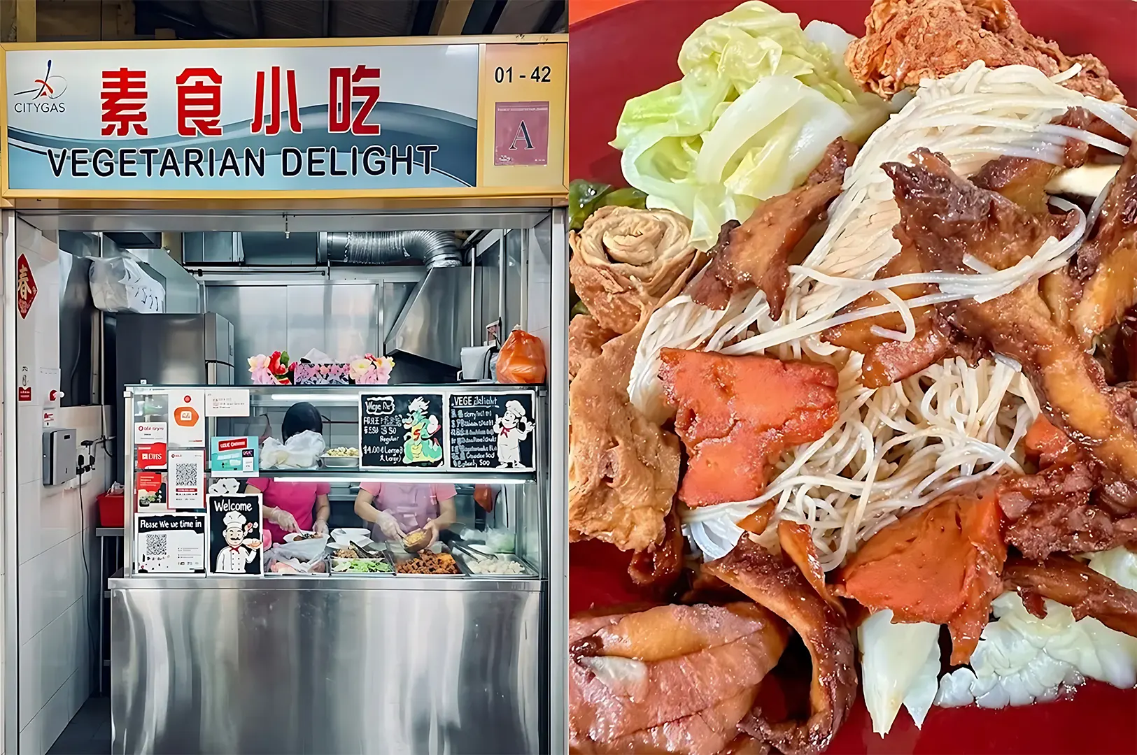 Vegetarian Delight food stall front and a red plate of vegetarian bee hoon with mock meat and cabbage.