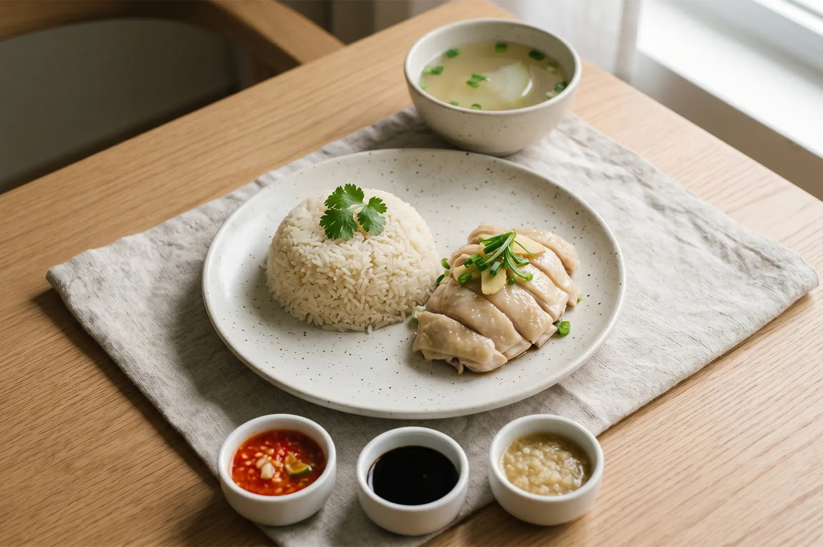 A plate of Hainanese chicken rice served with a side of clear soup and three traditional dipping sauces, including chili, dark soy, and ginger scallion sauce.