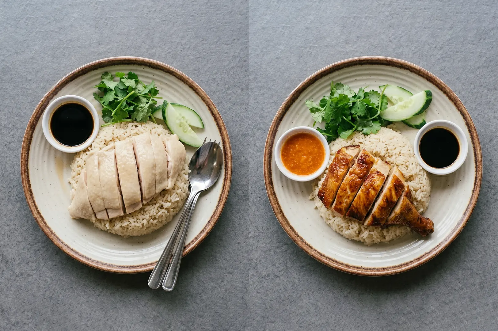 Two plates of Hainanese chicken rice side-by-side, featuring one dish of poached chicken and one dish of roasted chicken, both served with fragrant rice, cucumber slices, fresh cilantro, and dipping sauces.