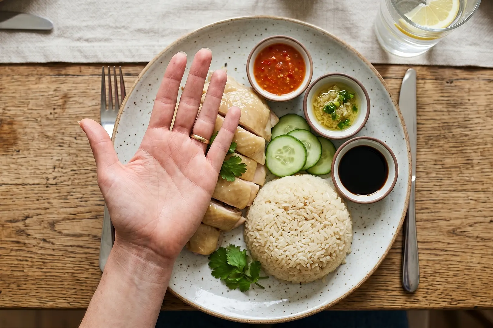 Top-down view of a hand held over a plate of Hainanese chicken rice, featuring sliced poached chicken, fragrant rice, cucumber, cilantro, and three small bowls of dipping sauces.