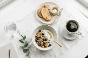 A minimalist breakfast spread featuring a bowl of yogurt with granola and blueberries, toast with butter, and a cup of black coffee.