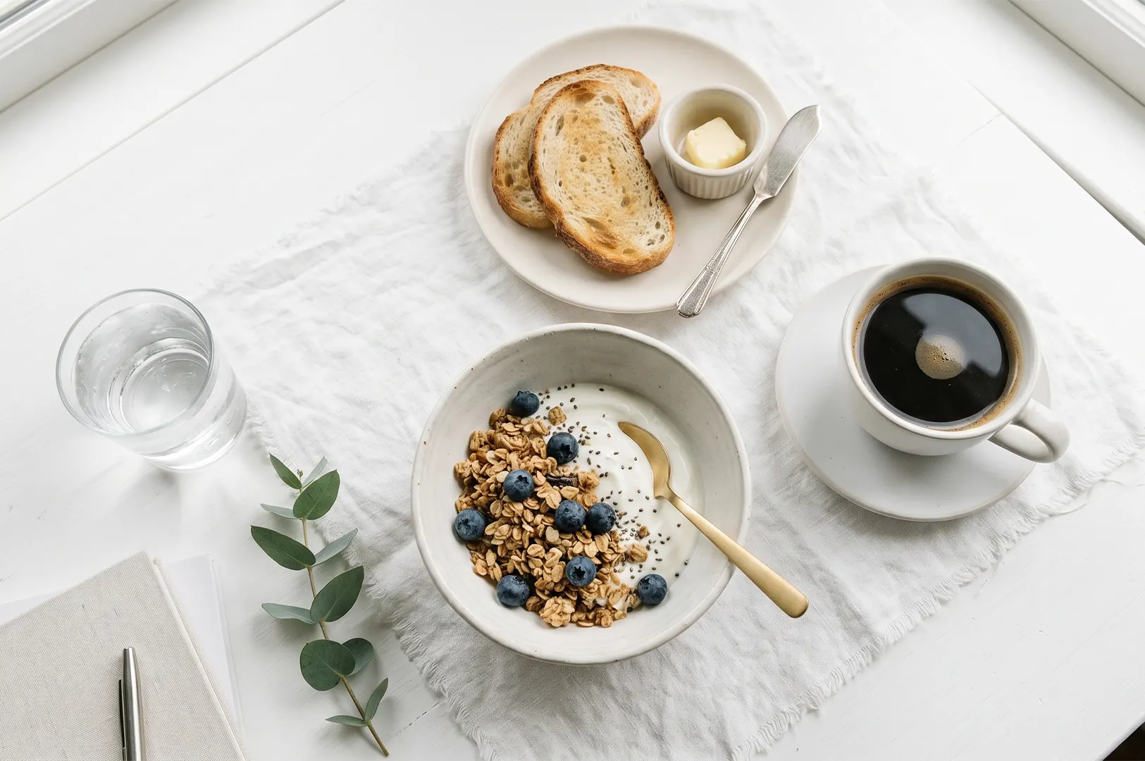 A minimalist breakfast spread featuring a bowl of yogurt with granola and blueberries, toast with butter, and a cup of black coffee.