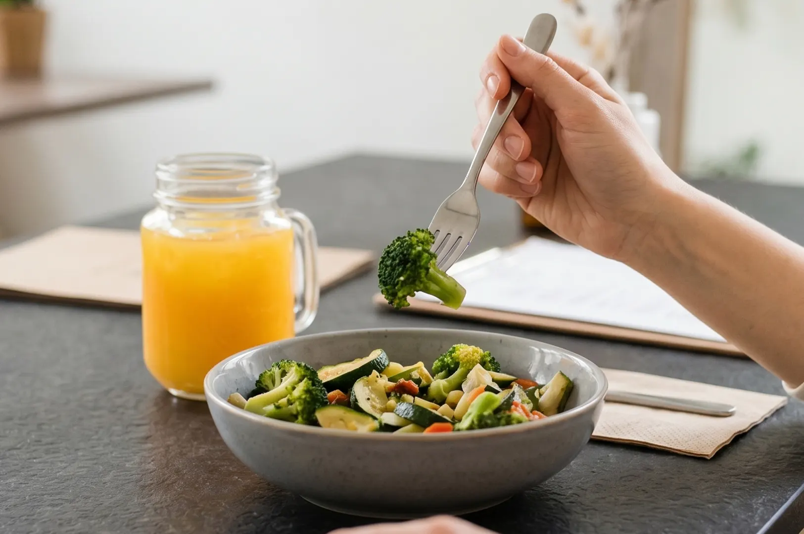 Hand holding a fork with a piece of broccoli over a bowl of roasted vegetable salad and a glass of orange juice.