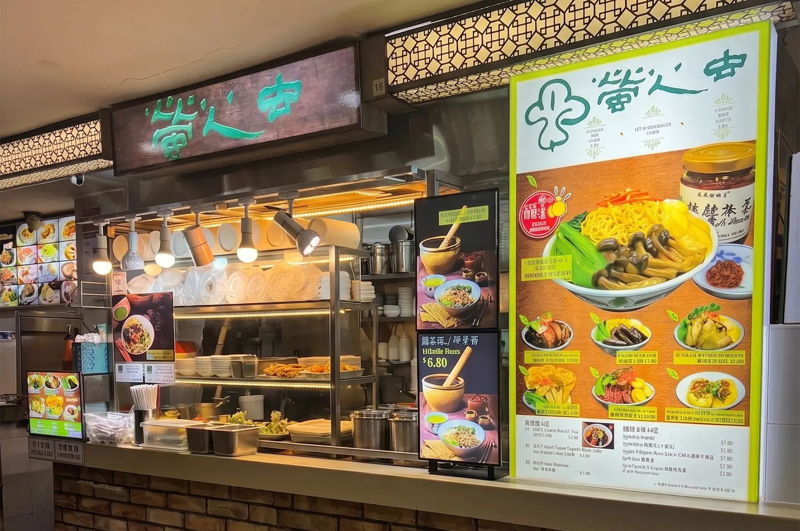 Fire Flies (formerly Thunder Tree) food stall front, showcasing a menu board with Chinese noodle and rice dishes.