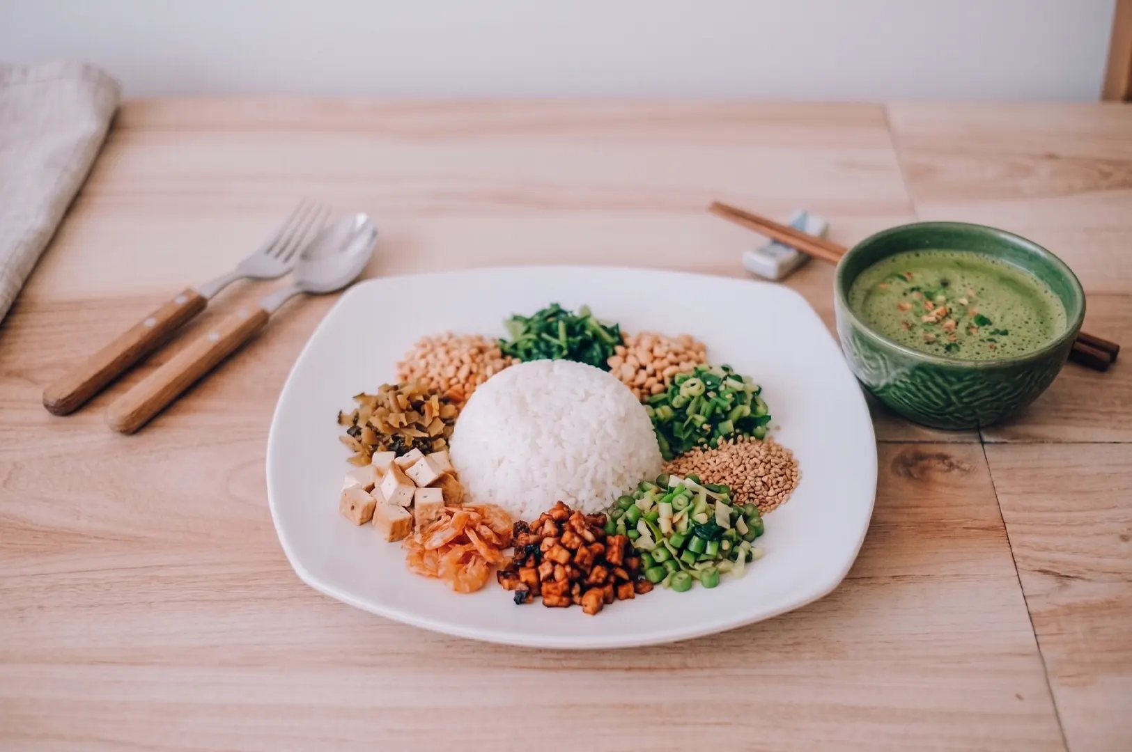 Traditional Lei Cha Thunder Tea Rice dish with a central mound of white rice surrounded by finely chopped vegetables, tofu, and nuts, served with a bowl of green tea broth.