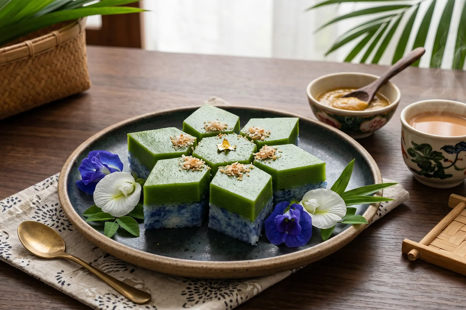 Diamond-shaped Kuih Seri Muka arranged in a floral pattern on a platter with butterfly pea flowers.