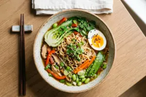 A steaming bowl of ramen topped with a soft-boiled egg, bok choy, edamame, mushrooms, and fresh vegetables, served with chopsticks.