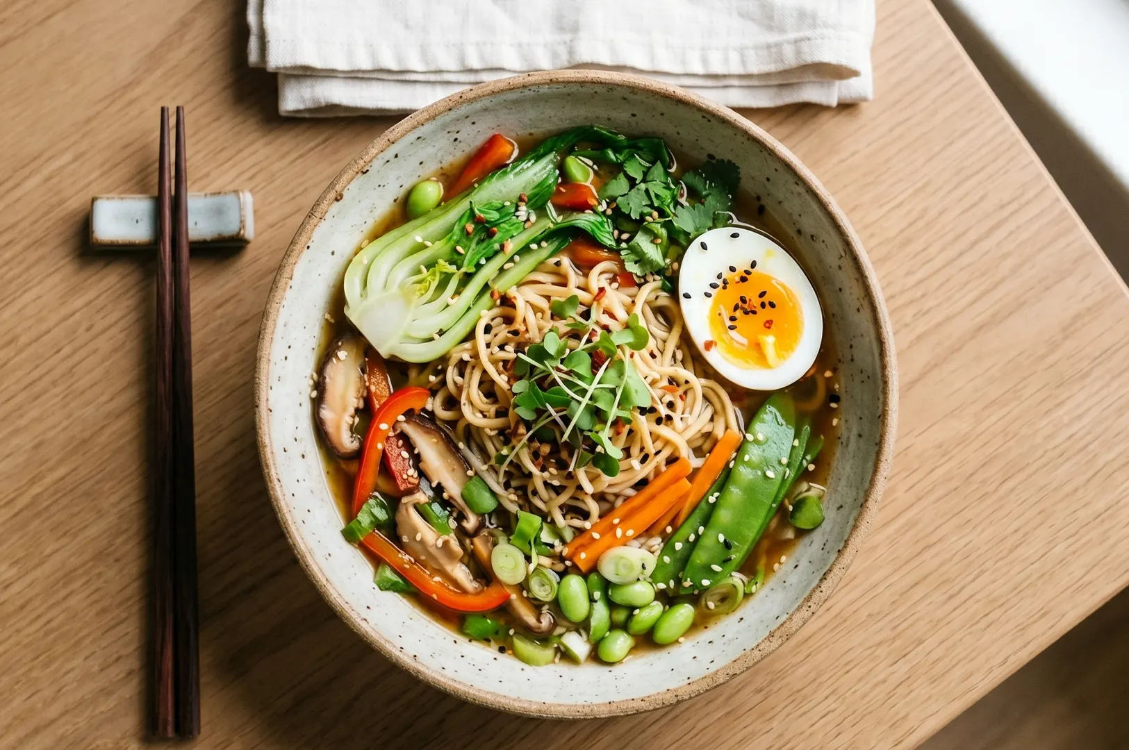 A steaming bowl of ramen topped with a soft-boiled egg, bok choy, edamame, mushrooms, and fresh vegetables, served with chopsticks.