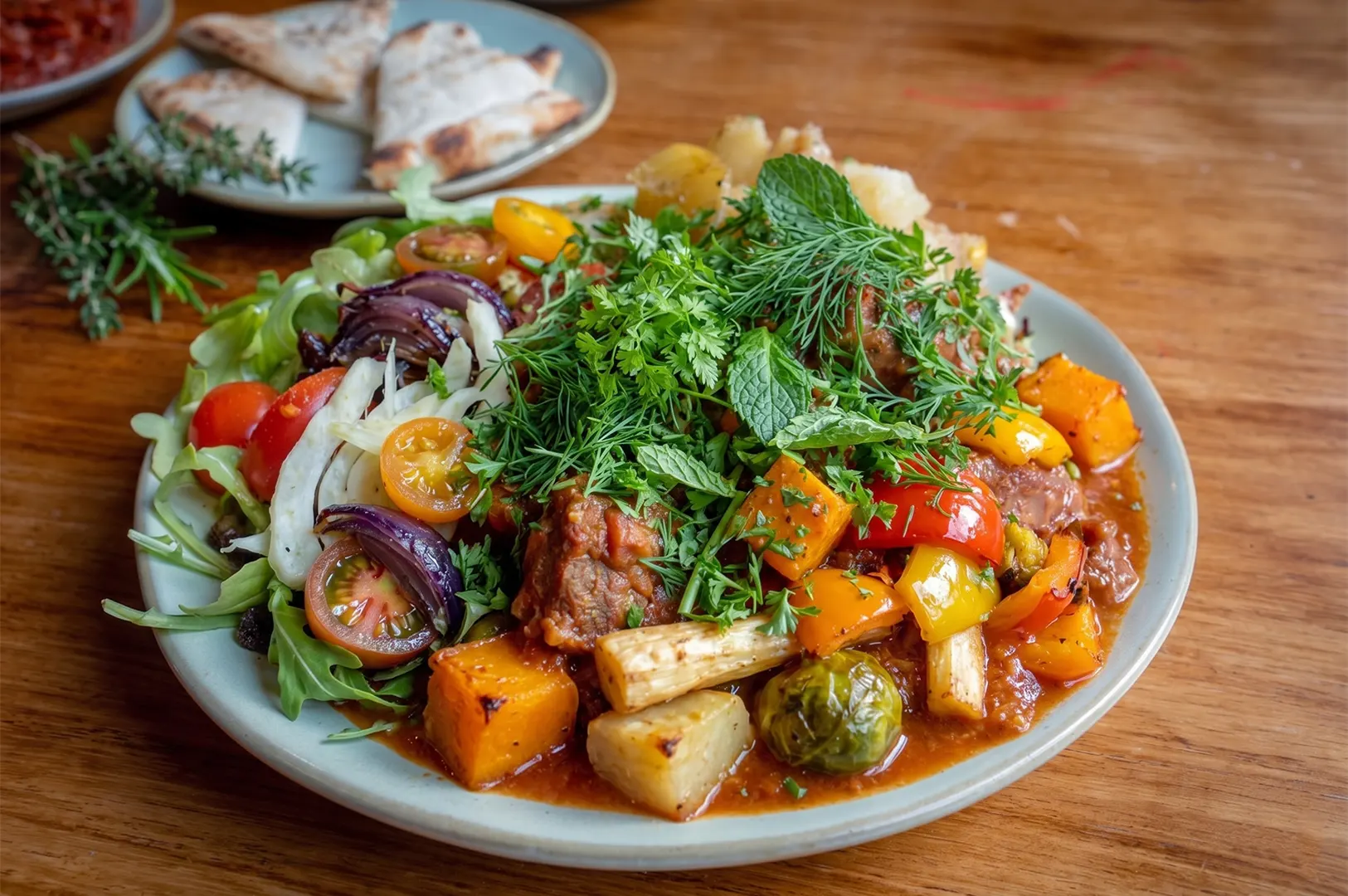 A plate of roasted vegetables and stewed meat garnished with fresh herbs, served with pita bread on a wooden table.