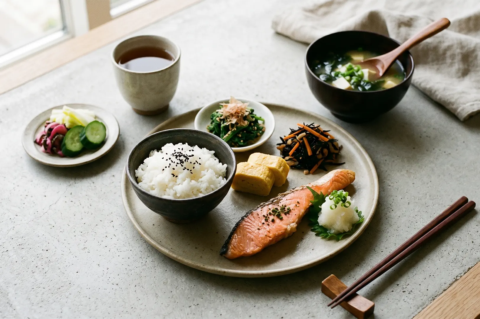 Traditional Japanese breakfast set with grilled salmon fillet, white rice with black sesame seeds, tamagoyaki, miso soup, and side dishes.