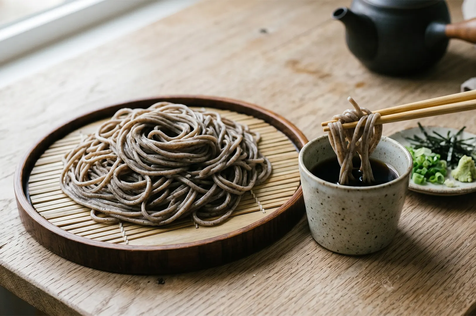 Chopsticks dipping cold zaru soba noodles into a cup of tsuyu sauce next to a bamboo tray and side condimentsChopsticks dipping cold zaru soba noodles into a cup of tsuyu sauce next to a bamboo tray and side condiments.