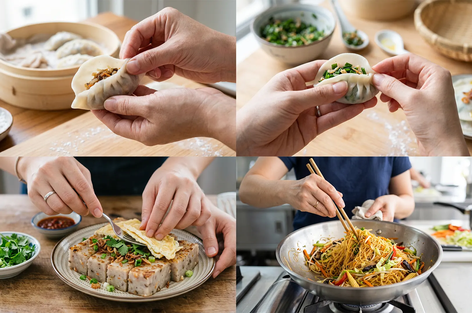 A collage showing the preparation of handmade soon kueh, handmade chives kueh, handmade yam cake with egg, and vegetarian stir-fried bee hoon.
