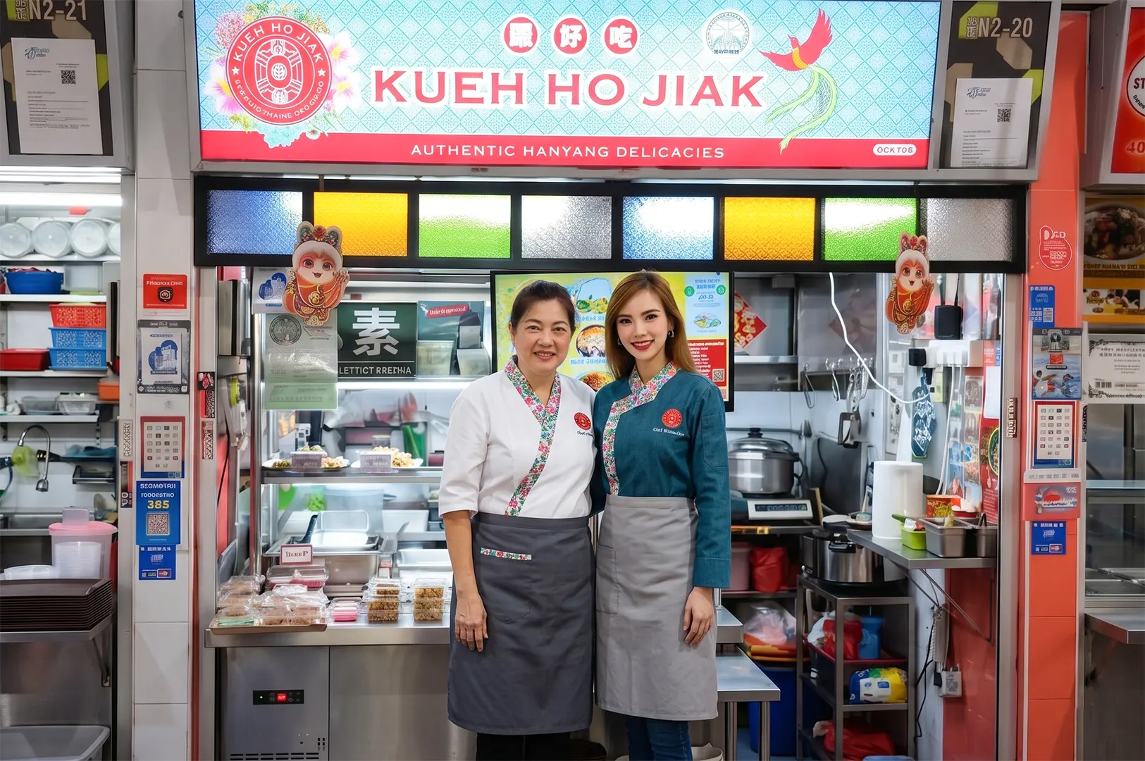 Sandy Tan and Elizabeth Chan standing together in front of the Kueh Ho Jiak food stall.