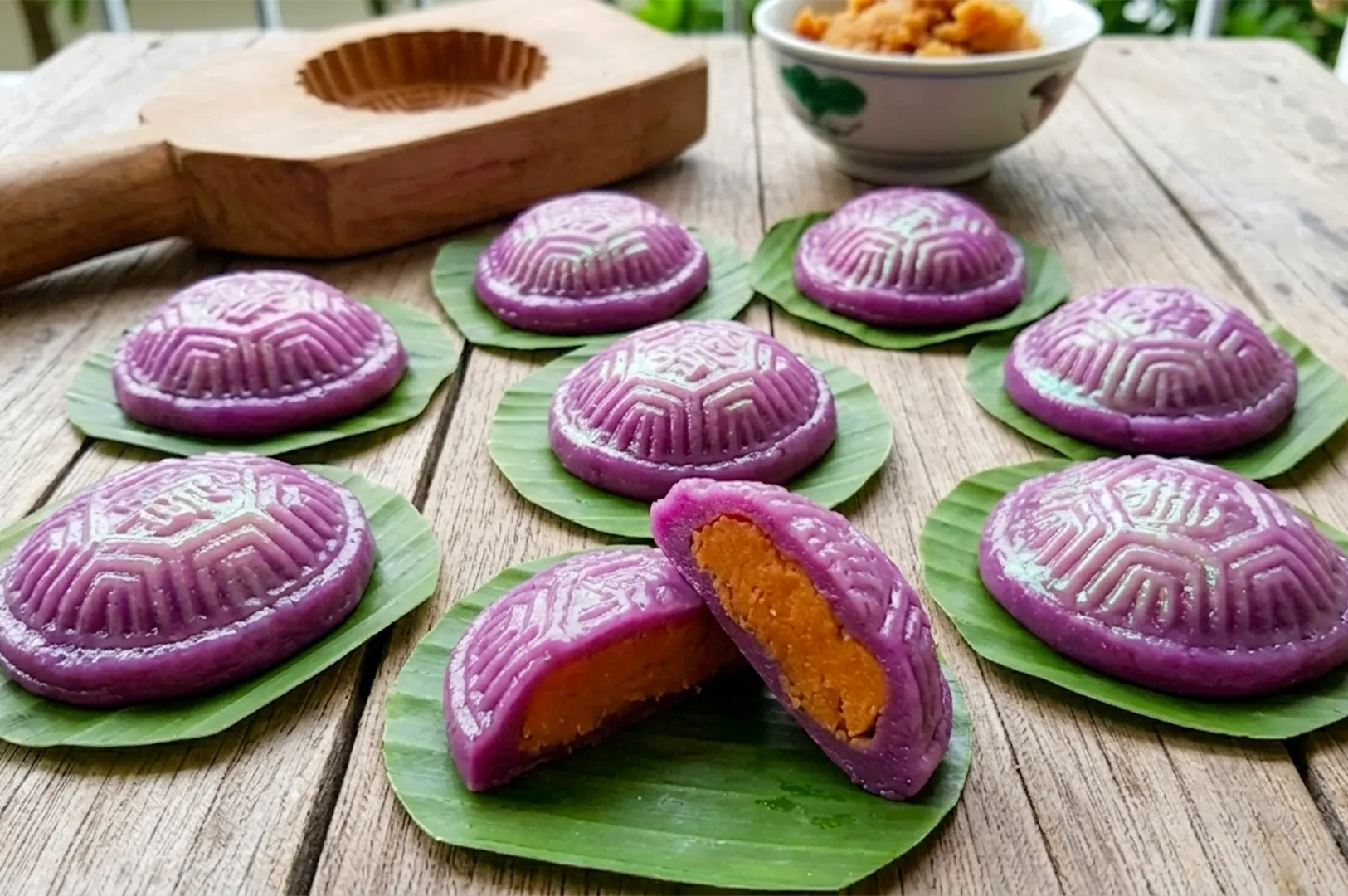Sweet potato ang ku kueh served on banana leaves with a wooden mold in the background.