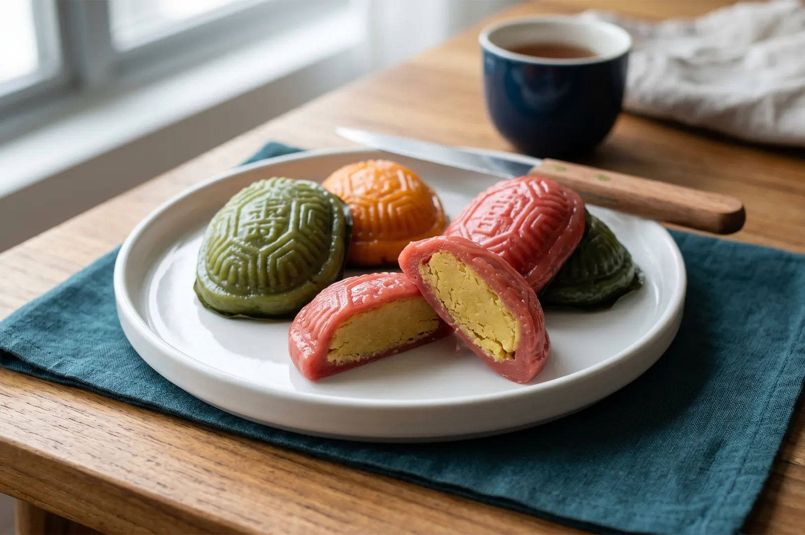 Mung bean ang ku kueh served on a white plate with a side of tea.