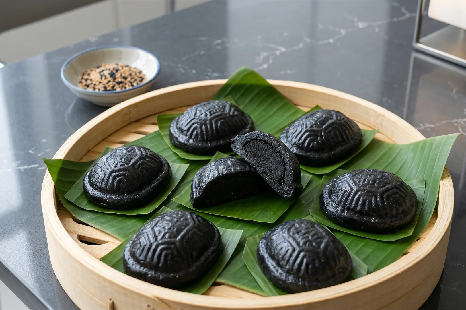 Black sesame ang ku kueh served on banana leaves in a bamboo steamer with a small bowl of sesame seeds.