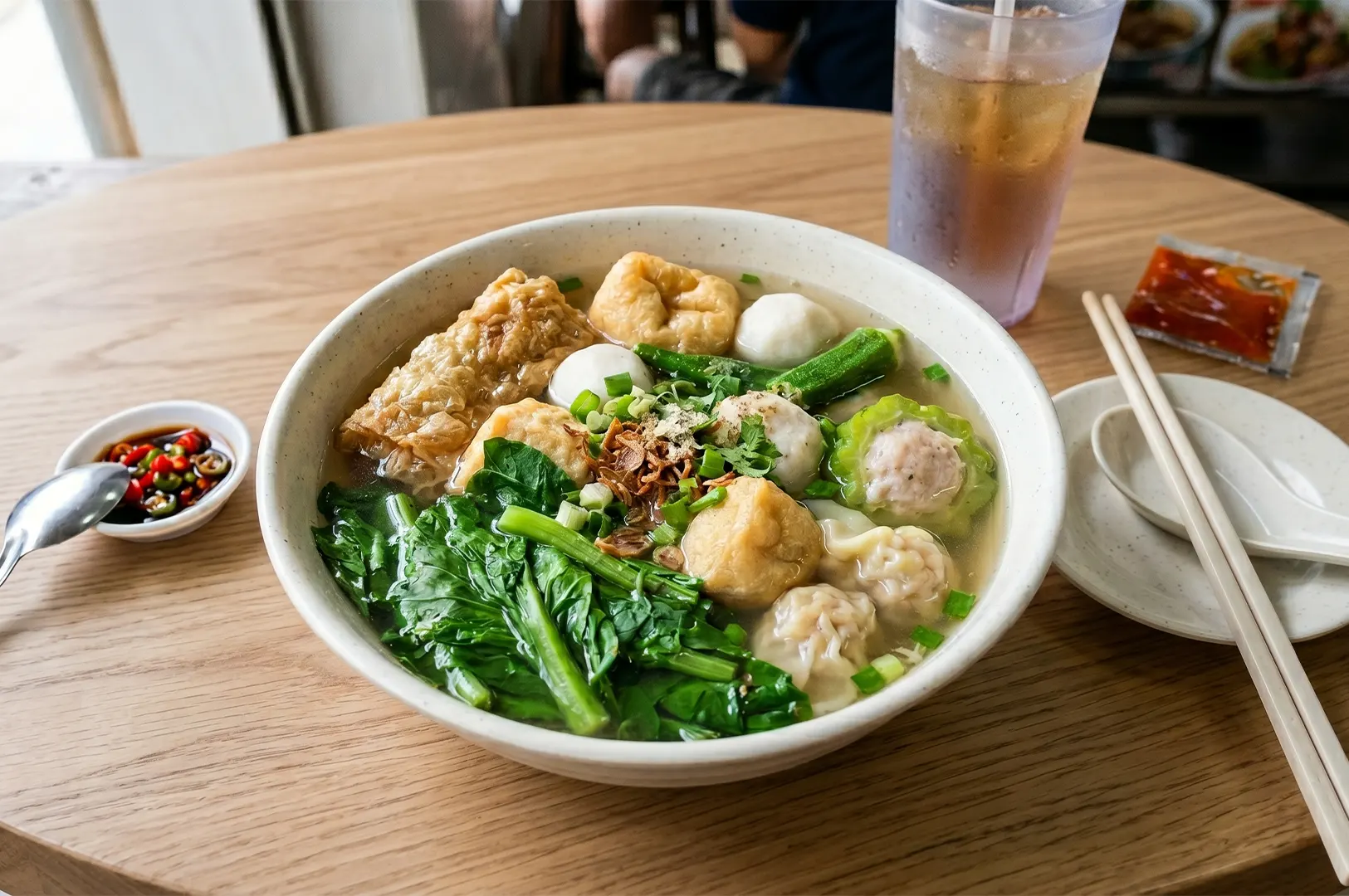 A top-down view of a bowl of vegetable Yong Tau Foo served with clear broth, fresh leafy greens, and tofu on a wooden table at a Singaporean hawker centre.