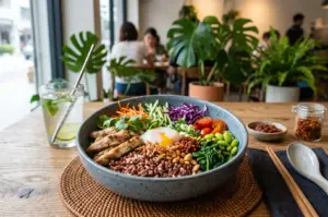 A healthy grain bowl with grilled chicken, a soft-boiled egg, brown rice, and fresh vegetables on a restaurant table.