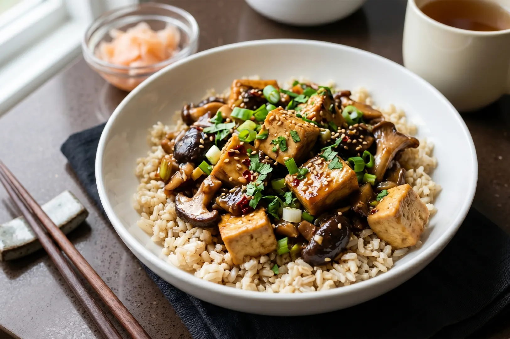 Braised tofu and mushroom stir-fry served over brown rice in a white ceramic bowl.