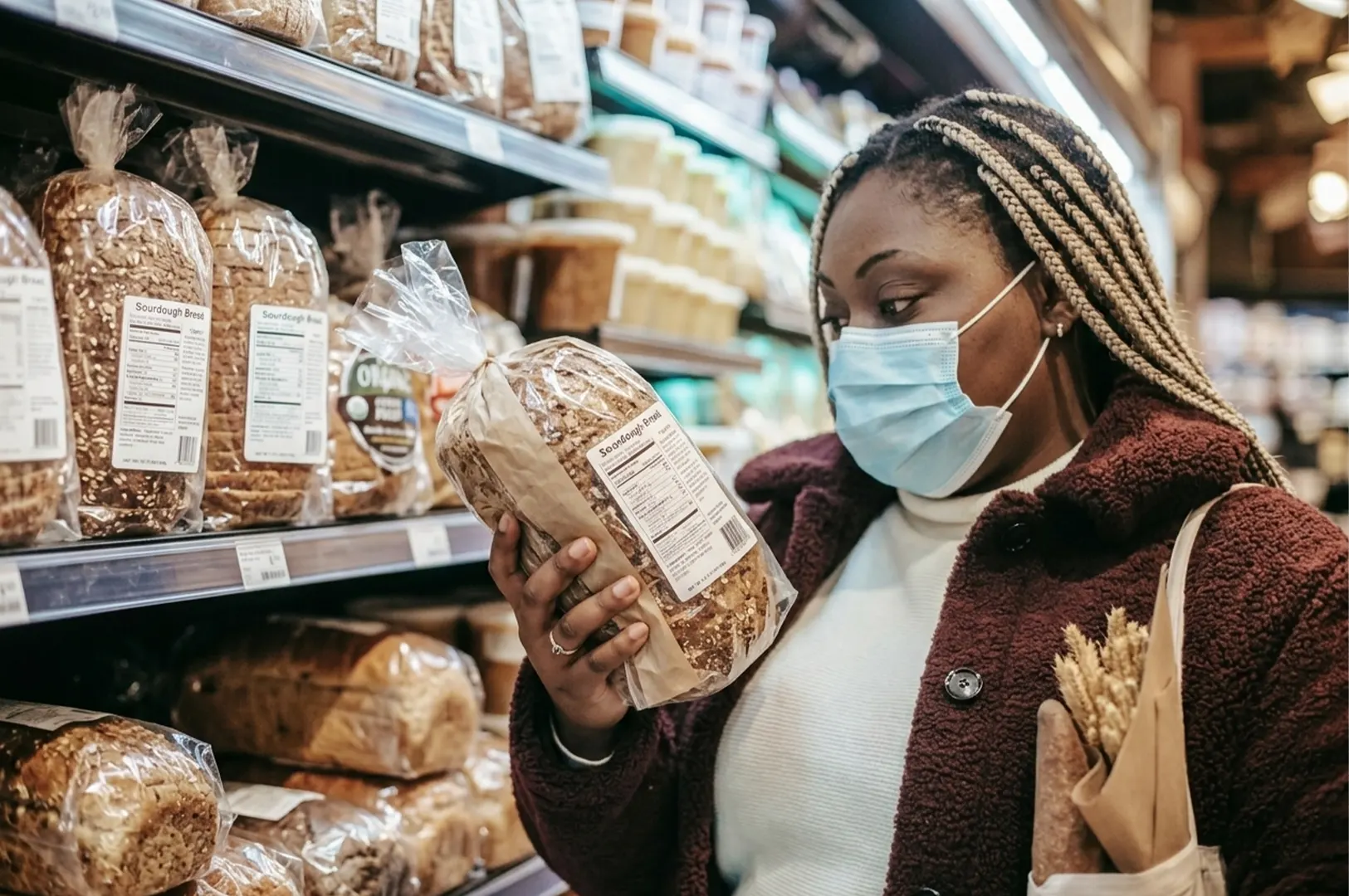 Woman wearing a face mask checking the label on a loaf of bread in a grocery store aisle.