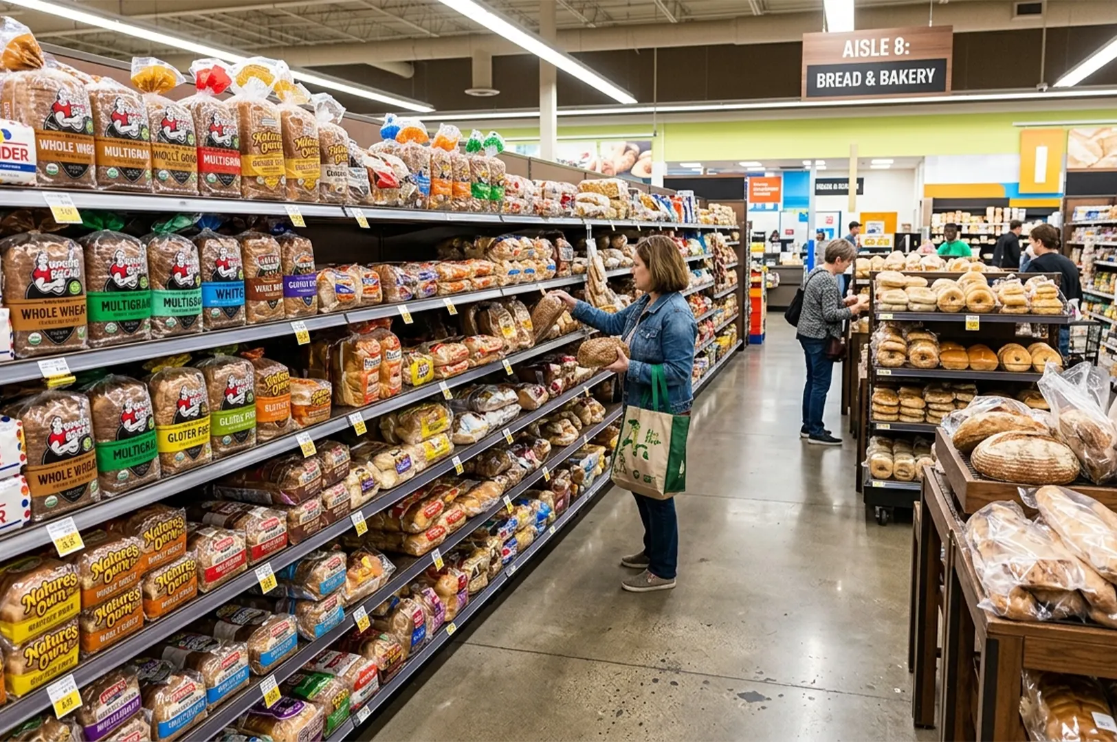Shoppers browsing packaged loaves and bagels in a supermarket bread and bakery aisle.