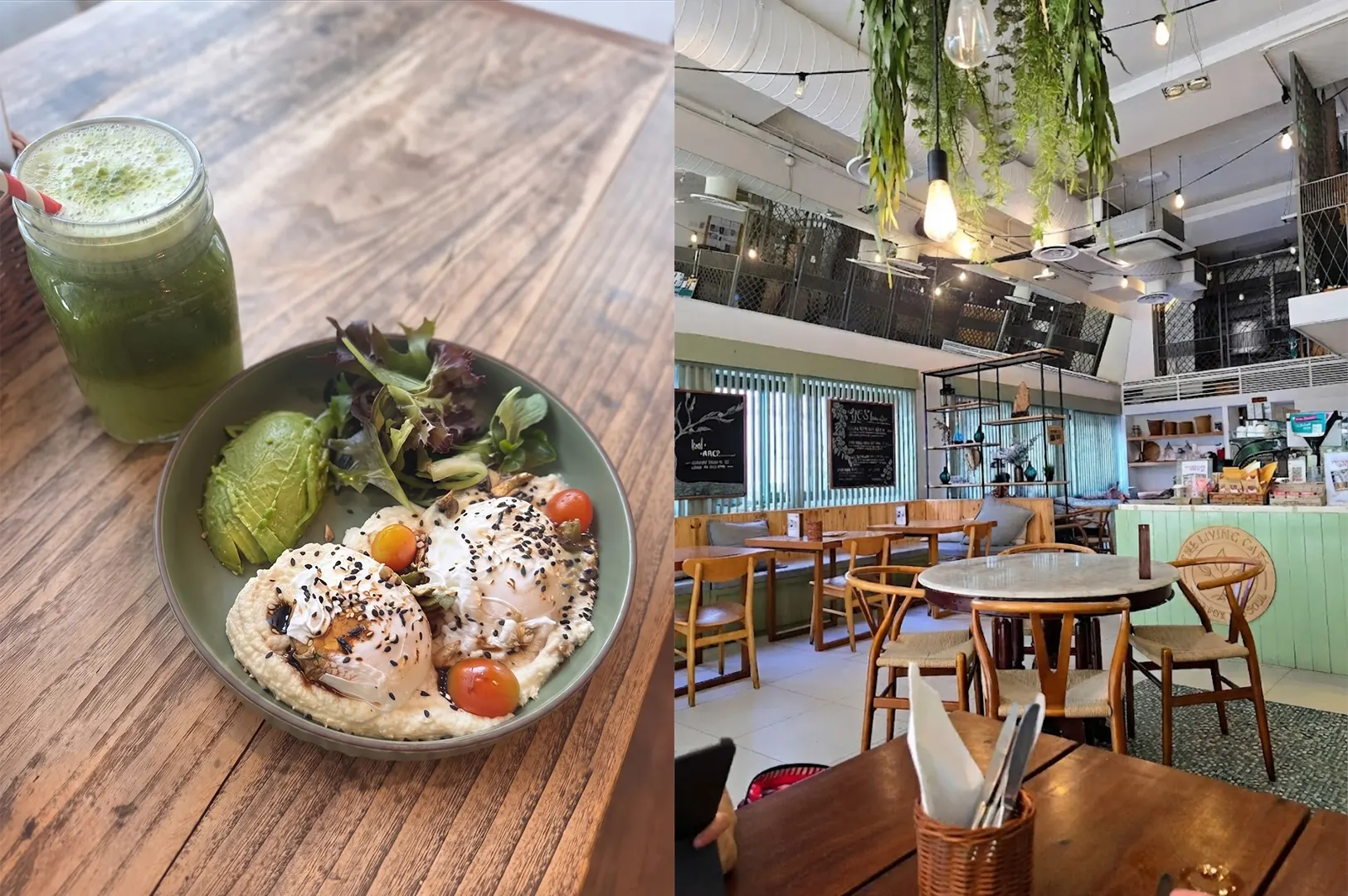 Healthy brunch dish with poached eggs, avocado, and hummus served with a green juice inside The Living Cafe.
