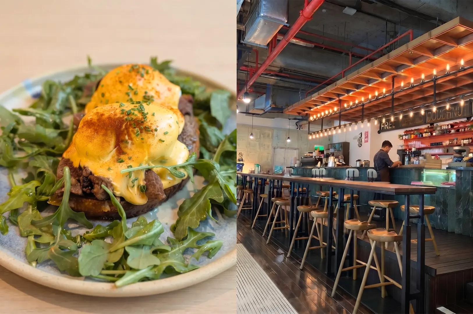 Eggs Benedict served on a bed of fresh arugula at Common Man Coffee Roasters, displayed alongside the cafe's industrial-style interior with its long bar counter and wooden stools.