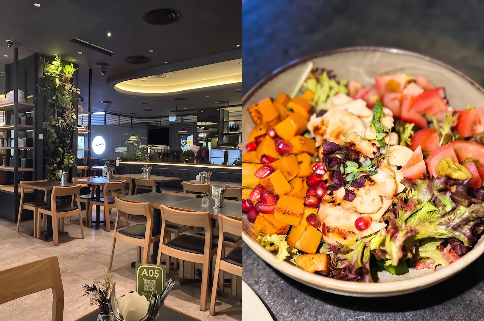 A healthy salad bowl with grilled chicken, roasted pumpkin, pomegranate seeds, and fresh greens, served at The Providore in a modern restaurant setting with ambient lighting.