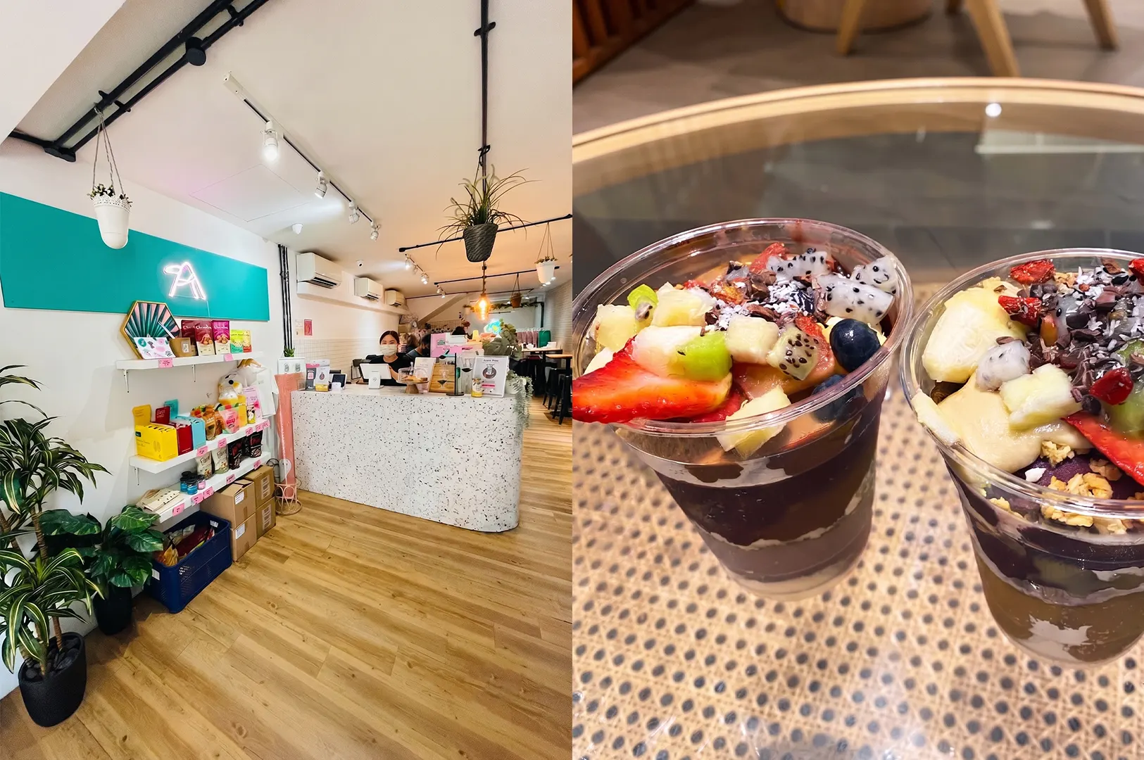 The bright interior of An Açaí Affair with a terrazzo service counter and retail shelves, shown alongside two layered açaí cups topped with assorted fresh fruits and cacao nibs.